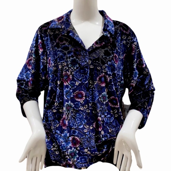 CATHY DANIELS PETITES VELVET FLORAL Y NECK BLOUSE - Picture 1 of 1